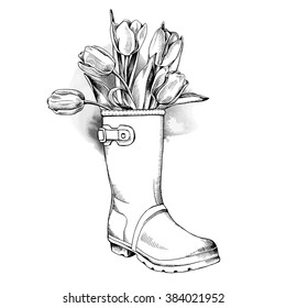 Rubber boot with a tulips. Vector illustration.