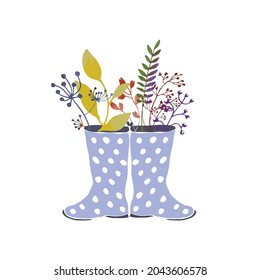 Rubber boots with autumn branches and leafs  . Vector concept of autumn theme. 