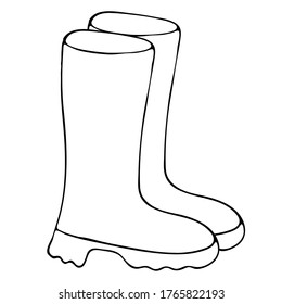 rubber boots from autumn rain, freehand drawing, vector element in doodle style, coloring book, black outline