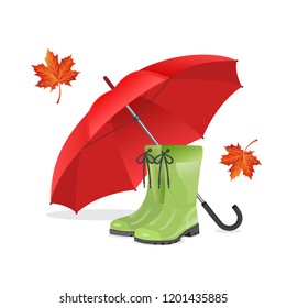 Rubber boots, big red umbrella and maple leaf isolated on white background.Vector