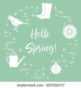 Rubber boots, bird, flower, watering can, ladybug. Phrase: Hello spring. Template for design, print.