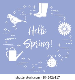 Rubber boots, bird, flower, watering can, ladybug. Phrase: Hello spring. Template for design, print.