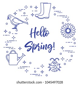 Rubber boots, bird, flower, watering can, ladybug. Phrase: Hello spring. Template for design, print.