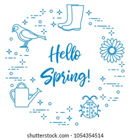 Rubber boots, bird, flower, watering can, ladybug. Phrase: Hello spring. Template for design, print.