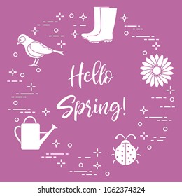 Rubber boots, bird, flower, watering can, ladybug. Phrase: Hello spring. Template for design, print.
