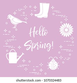 Rubber boots, bird, flower, watering can, ladybug. Phrase: Hello spring. Template for design, print.