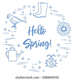 Rubber boots, bird, flower, watering can, ladybug. Phrase: Hello spring. Template for design, print.