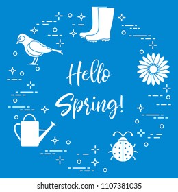 Rubber boots, bird, flower, watering can, ladybug. Phrase: Hello spring. Template for design, print.