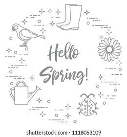 Rubber boots, bird, flower, watering can, ladybug. Phrase: Hello spring. Template for design, print.