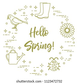 Rubber boots, bird, flower, watering can, ladybug. Phrase: Hello spring. Template for design, print.