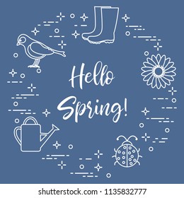 Rubber boots, bird, flower, watering can, ladybug. Phrase: Hello spring. Template for design, print.