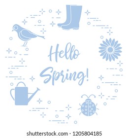 Rubber boots, bird, flower, watering can, ladybug. Phrase: Hello spring. Template for design, print.