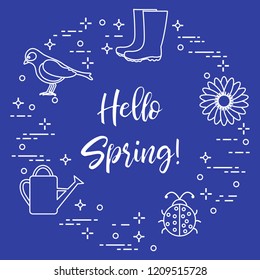 Rubber boots, bird, flower, watering can, ladybug. Phrase: Hello spring. Template for design, print.