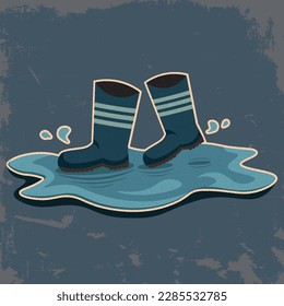 Rubber boots, blue boots, puddle, boots in a puddle vector graphics, grunge, retro, logo, clipart, icon, banner, sticker.