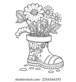 rubber boots and bouquet autumn leaves contour drawing by hand linear coloring vector