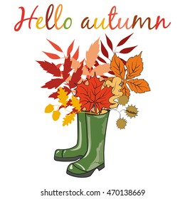 Rubber boots with bouquet of autumn leaves. Postcard "Hello Autumn". Vector illustration.