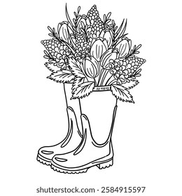 Rubber boots with a bouquet of spring flowers, tulips, narcissus, contour drawing by hand line coloring. Black doodle illustration on white background.