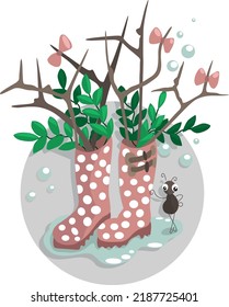 Botas de goma con ramas y arcos. Cerca hay un escarabajo con ojos grandes. Ilustración vectorial plana.