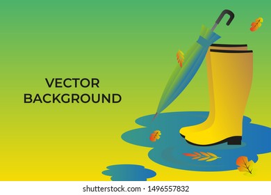 Rubber boots and closed umbrella in a puddle. Vector background. Illustration.