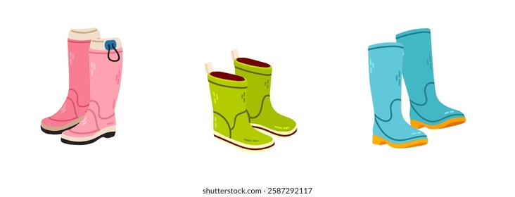 Rubber boots collection isolated on white background. Vector illustration in cartoon style.