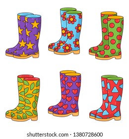 Rubber boots colorful doodle carton icons vector set