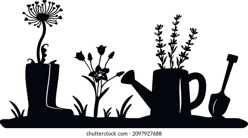 rubber boots with a dandelion, a ladder with a lavender, a garden shovel. laser cut design. vector. eps	