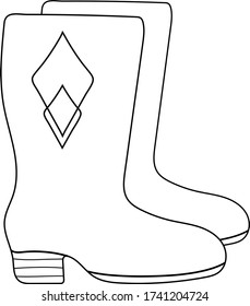 rubber boots with a diamond pattern. black and white contour isolated drawing by hand in Doodle style.
