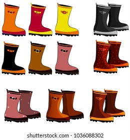 rubber boots of different colors with a buckle on a white background