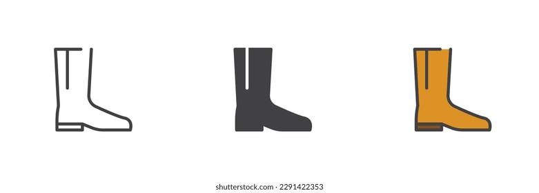 Gummi bootet verschiedene Stilsymbolsätze. Linie, Glyph und gefüllte Umrissversion, Umriss und ausgefülltes Vektorzeichen. Symbol, Logo-Abbildung. Vektorgrafik