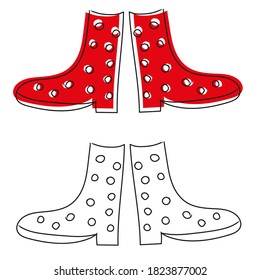 rubber boots doodle red with white polka dots and black white hand drawing isolated items on white background.