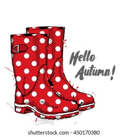 Rubber boots with dots. Vector illustration for greeting card, poster, or print on clothes. Fashion & Style.