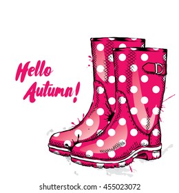 Rubber boots with dots. Vector illustration for greeting card, poster, or print on clothes. Fashion & Style.