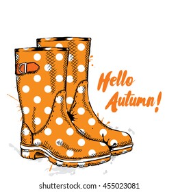 Rubber boots with dots. Vector illustration for greeting card, poster, or print on clothes. Fashion & Style.