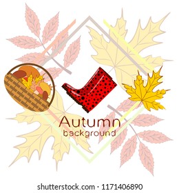 rubber boots fallen leaf basket mushroom autumnal vector background