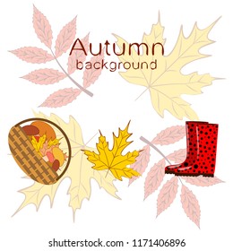rubber boots fallen leaf basket mushroom autumnal vector background