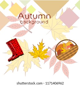 rubber boots fallen leaf basket mushroom autumnal vector background