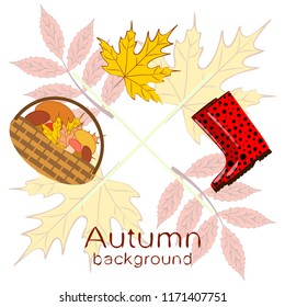 rubber boots fallen leaf basket mushroom autumnal vector background