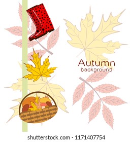 rubber boots fallen leaf basket mushroom autumnal vector background