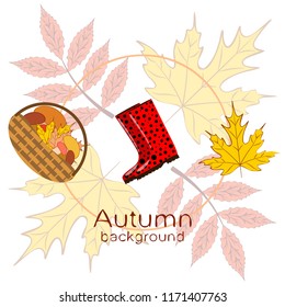 rubber boots fallen leaf basket mushroom autumnal vector background