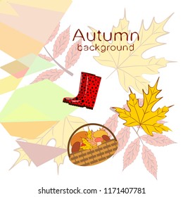 rubber boots fallen leaf basket mushroom autumnal vector background