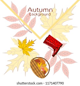 rubber boots fallen leaf basket mushroom autumnal vector background