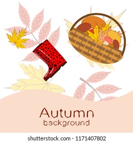rubber boots fallen leaf basket mushroom autumnal vector background