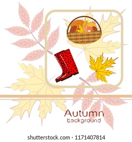 rubber boots fallen leaf basket mushroom autumnal vector background