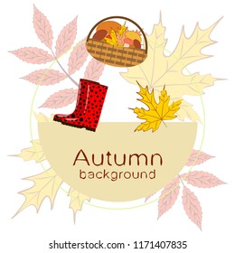 rubber boots fallen leaf basket mushroom autumnal vector background