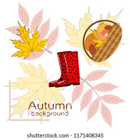 rubber boots fallen leaf basket mushroom autumnal vector background