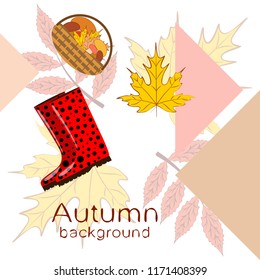 rubber boots fallen leaf basket mushroom autumnal vector background