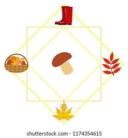 rubber boots fallen leaf basket mushroom autumnal vector background