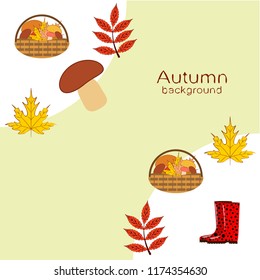 rubber boots fallen leaf basket mushroom autumnal vector background
