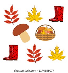 rubber boots fallen leaf basket mushroom autumnal vector background