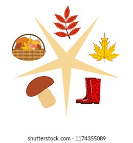 rubber boots fallen leaf basket mushroom autumnal vector background
